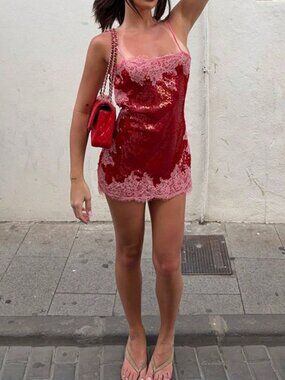Red Cute Boho Sequin Rhinestone Lace Fitted Bodycon Cami Mini Dress